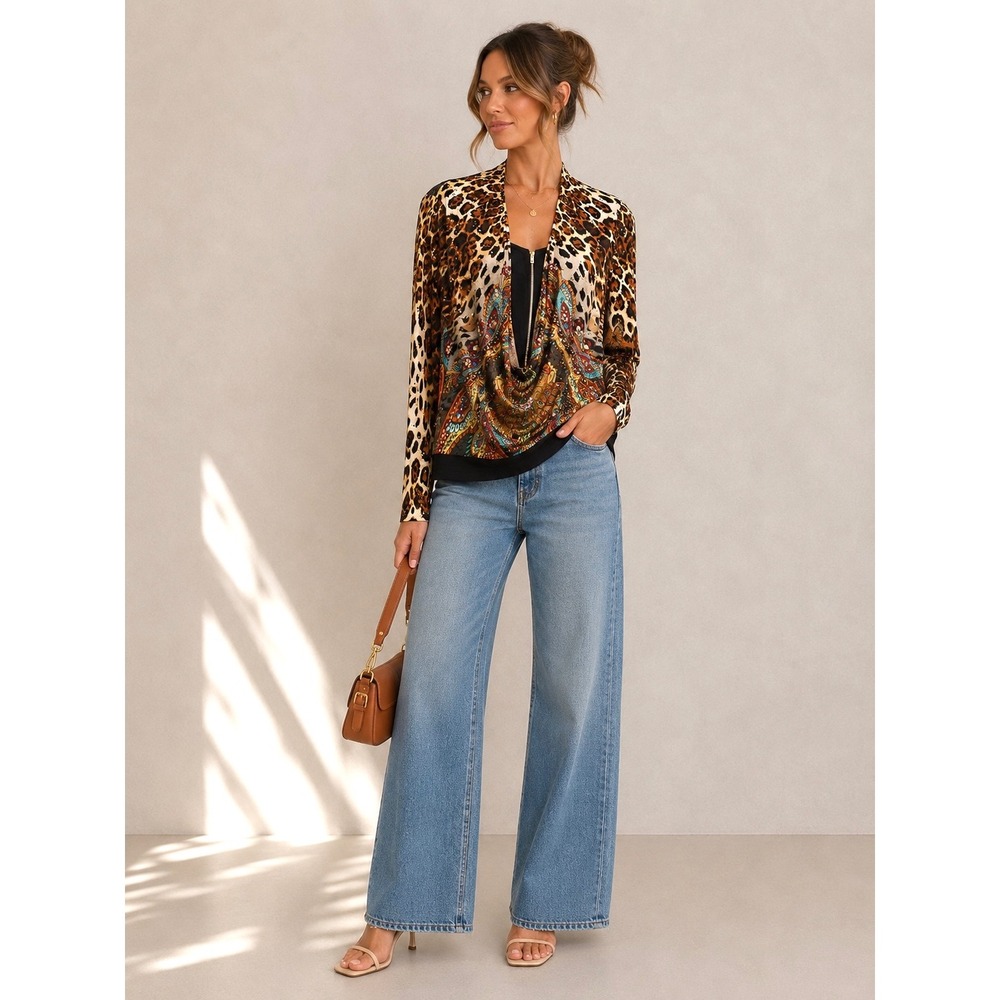 Joseph Ribkoff leopard sequin layered swing top blouse Size 8 Y2K boho floral